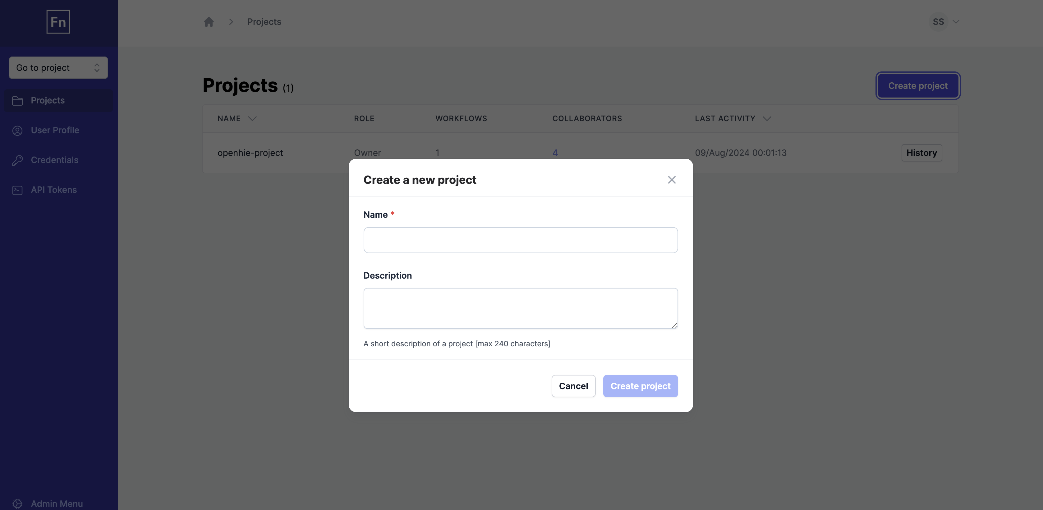 Create a project modal