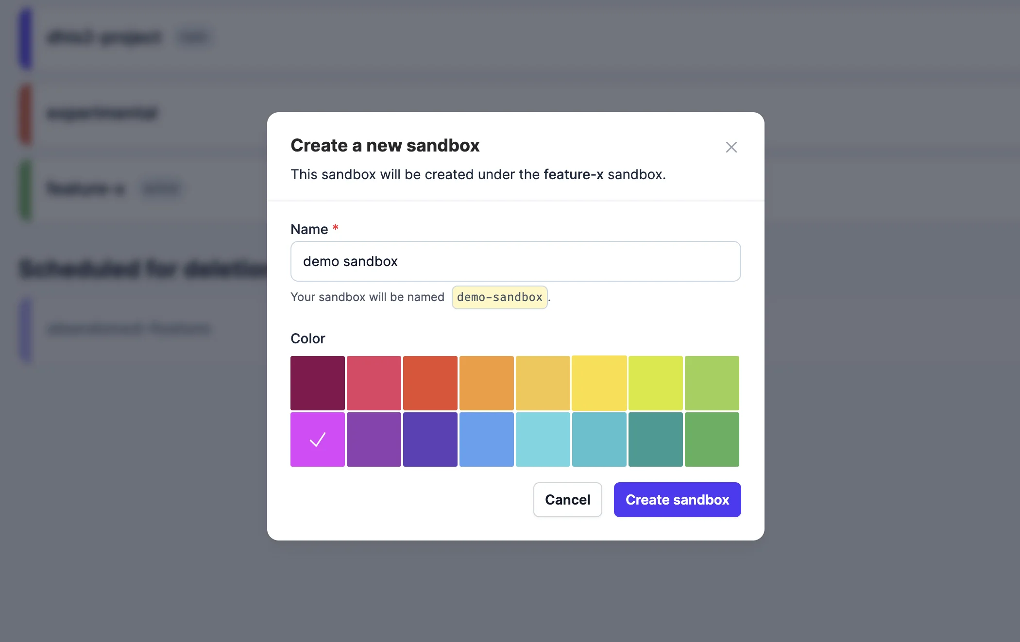Create Sandbox modal