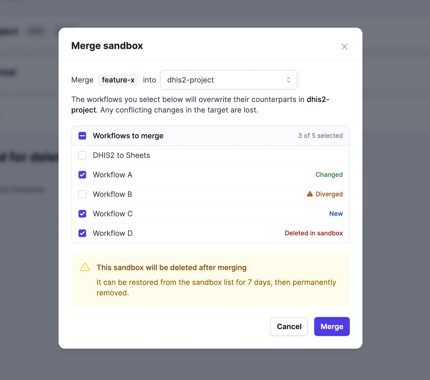 Merge sandbox modal