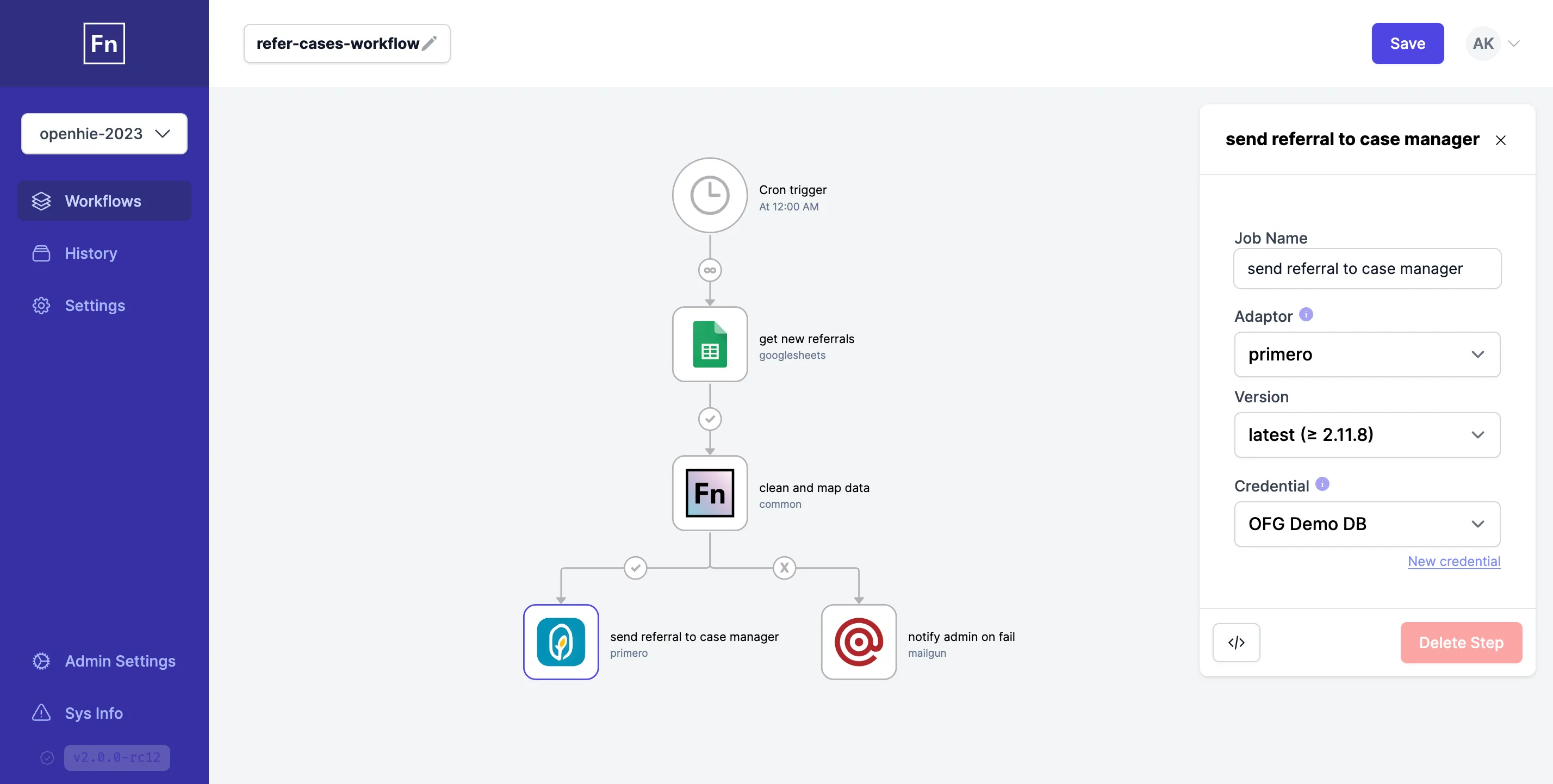 Canvas de un workflow de OpenFn