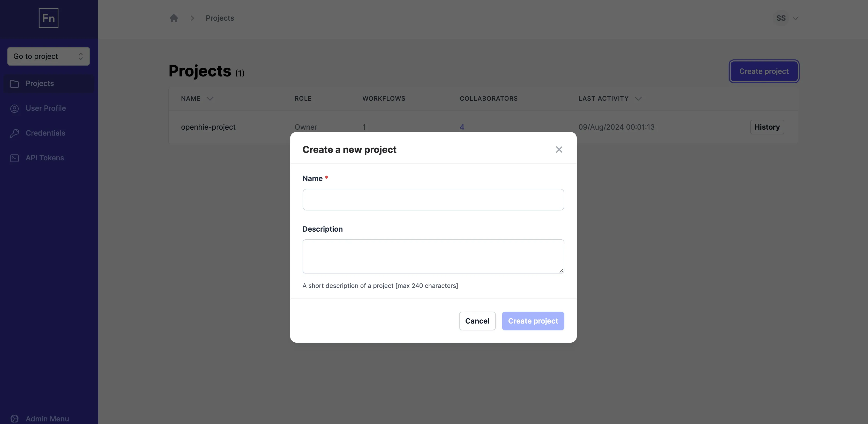 Ventana modal para crear un proyecto