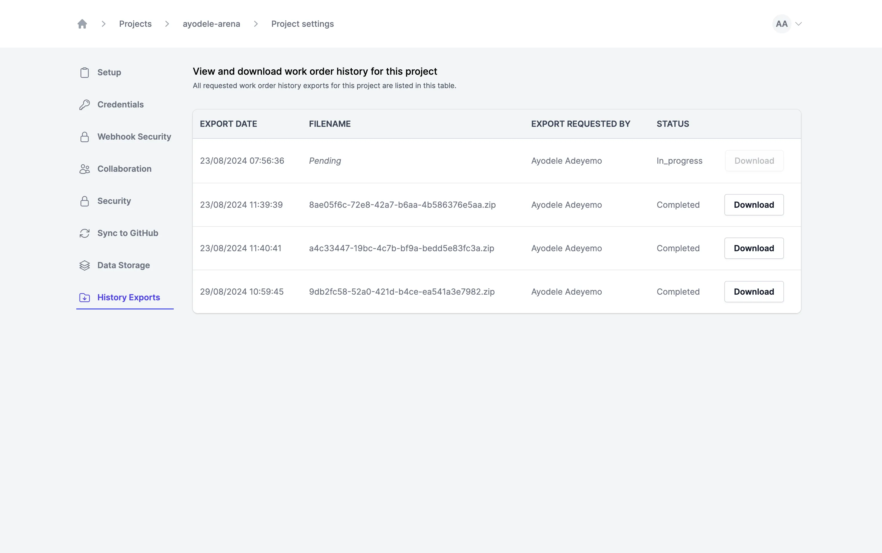 Lista de exportaciones del historial