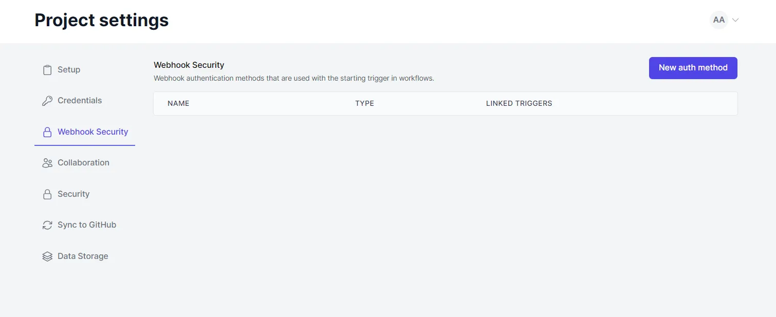 Webhook Security en Project Settings